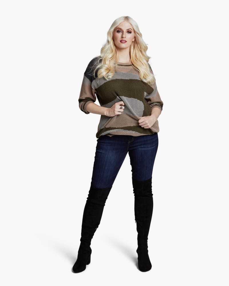 Plus size model with hourglass body shape wearing Deva Layered Sweater by Dex Plus | Dia&Co | dia_product_style_image_id:113186